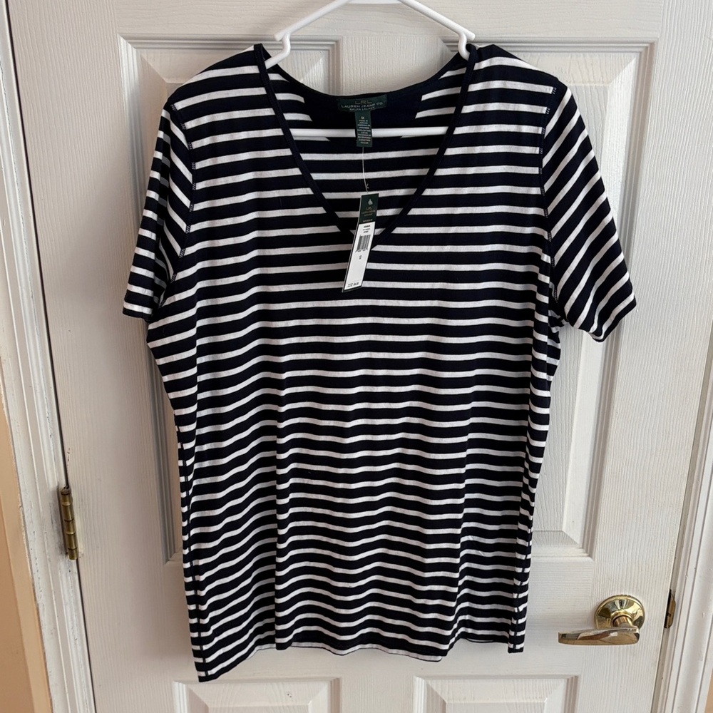 Lauren Jeans Co. Navy and White Striped V-Neck Tee NWT size 1X new